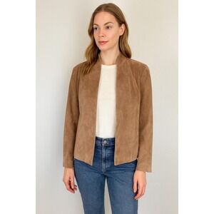 Vintage Women's Tan Suede Leather Jacket Size 12 Open Front Minimalist